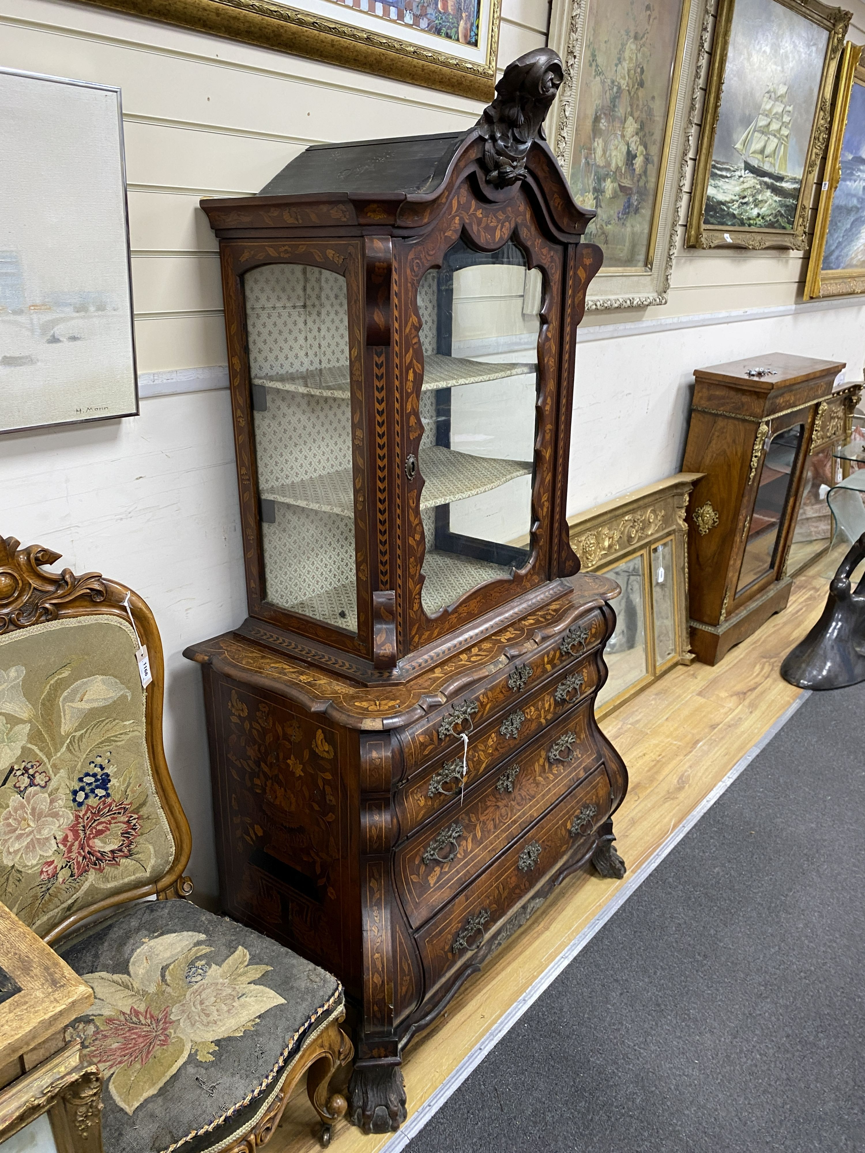An 18th century and later Dutch walnut and floral marquetry cabinet on chest, width 92cm, depth 52cm, height 185cm